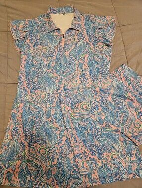 SONEVEN Pink & Blue Printed Polo Dress And Short Set